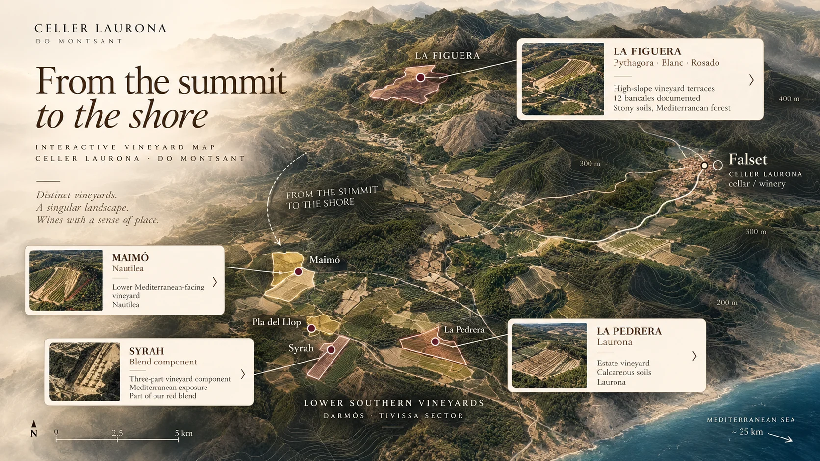 Map of the Celler Laurona vineyards, from La Figuera down to Maimó, with the cellar in Falset